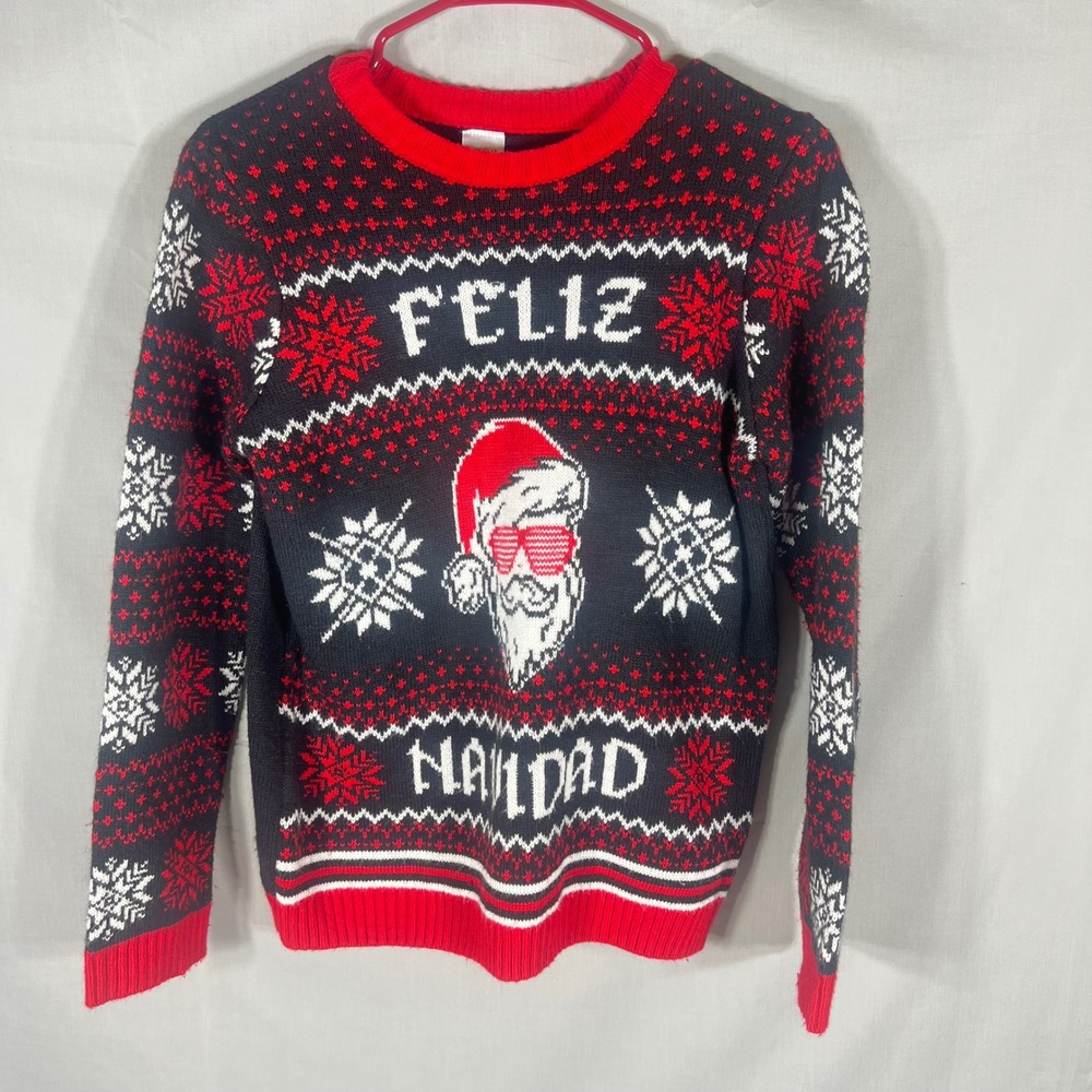 Holiday Time Sweater Feliz Navidad Santa Sunglasses Black Red Mens Small